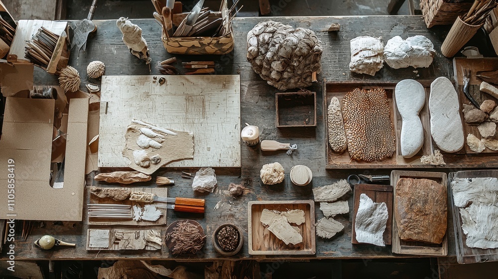 Poster creative workshop table filled with raw materials for art and craft projects in natural setting