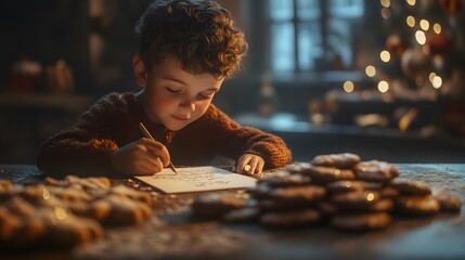 A young boy sitting at a table, carefully writing a letter to Santa with a pile of cookies next to him. 4k resolution, Cinematic Scene