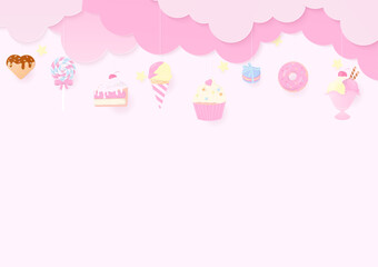 Pastel dessert with pink cloud background