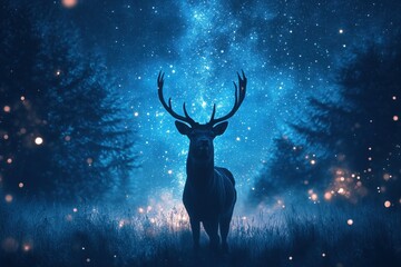 Majestic deer with large antlers stands proudly in a mystical forest clearing, bathed in the ethereal glow of a starry night sky, creating a captivating and magical atmosphere