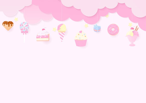Pastel dessert with pink cloud background