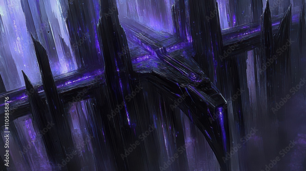 Poster Abstract futuristic landscape featuring dark towering structures illuminated by ethereal purple lights, creating a mystical and otherworldly atmosphere for creative projects.