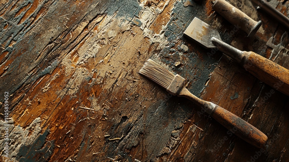 Poster detailed close-up view of tools enhancing texture of wood surface with unique patterns and colors