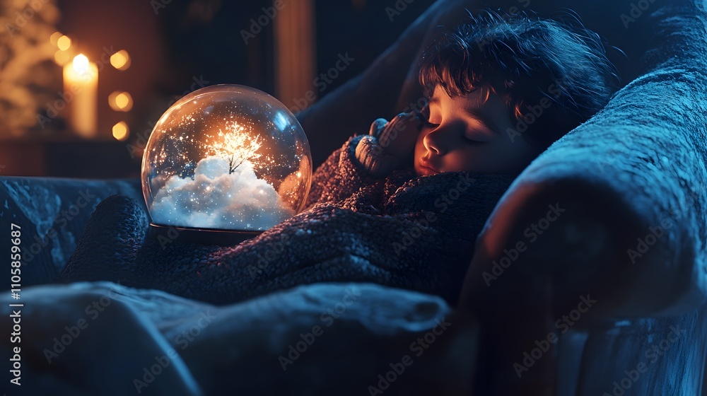 Poster a child cuddled up in a large armchair, wrapped in a cozy blanket while looking at a glowing snow gl