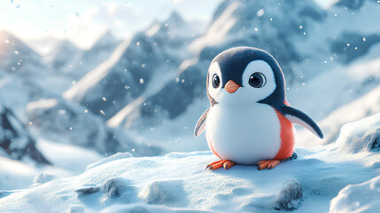A cute, cartoon-style penguin stands on a snowy landscape with mountains in the background.