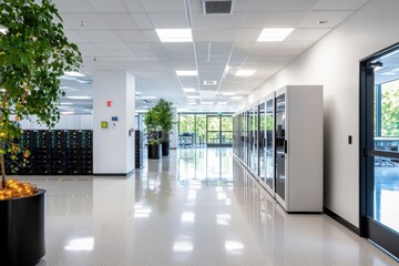 Obraz premium Modern Office Interior with Windows, Trees, and Storage Units