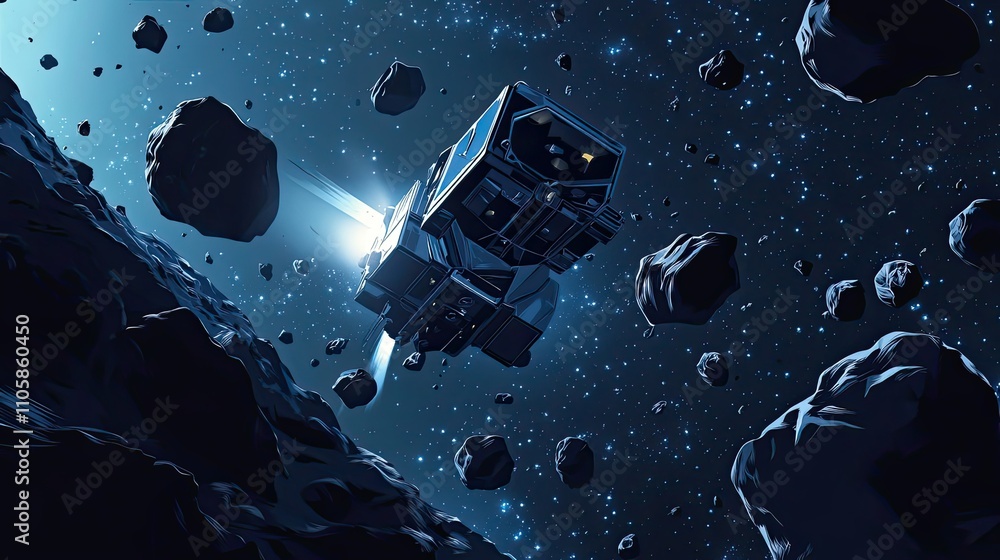 Aufkleber spaceship navigating asteroid field in deep space
