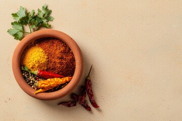 Colorful Spices and Herbs in Clay Bowl on Neutral Background