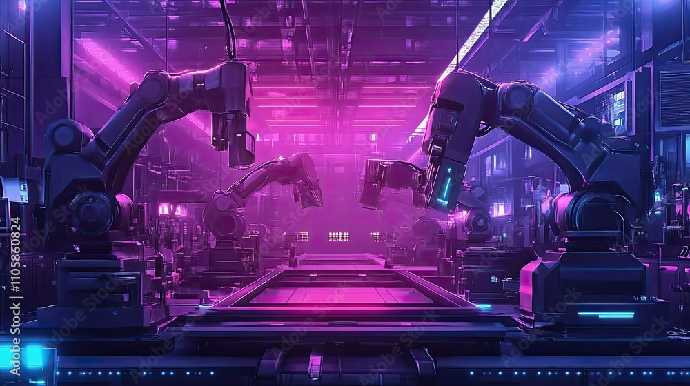 Poster futuristic robotic factory assembly line automation system