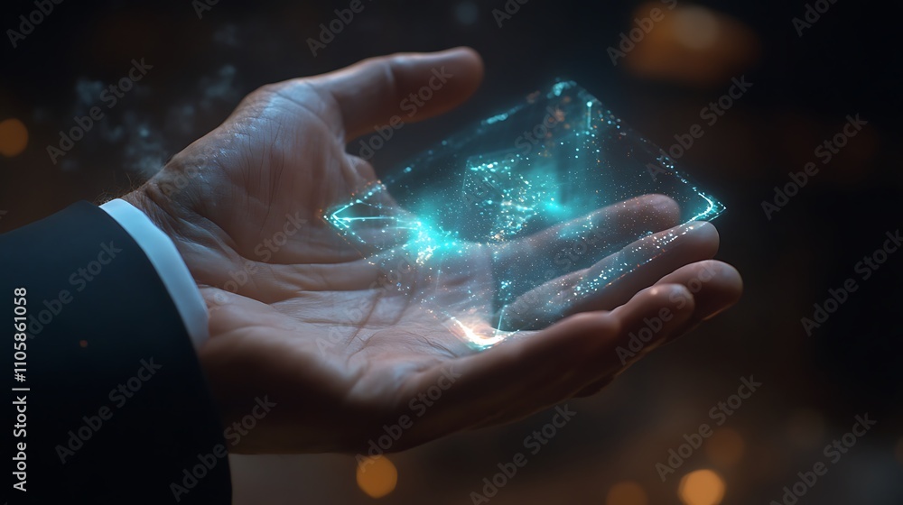 Aufkleber man holds holographic cube data visualization