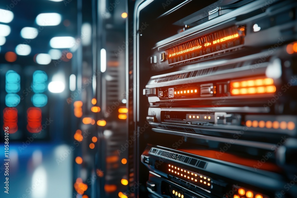 Poster high-tech server rack in modern data center with glowing lights