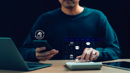 Debt financial concept, person using calculator to calculate financial Calculate expenses Business finance and investment Budget management tax, bank account balance and credit card bills payment.