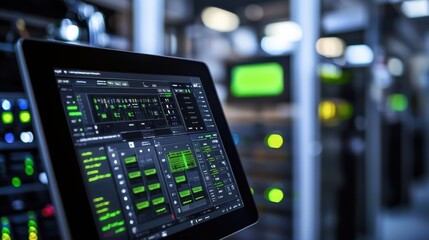 Naklejka premium Control Interface Display on Modern Data Center Server Equipment