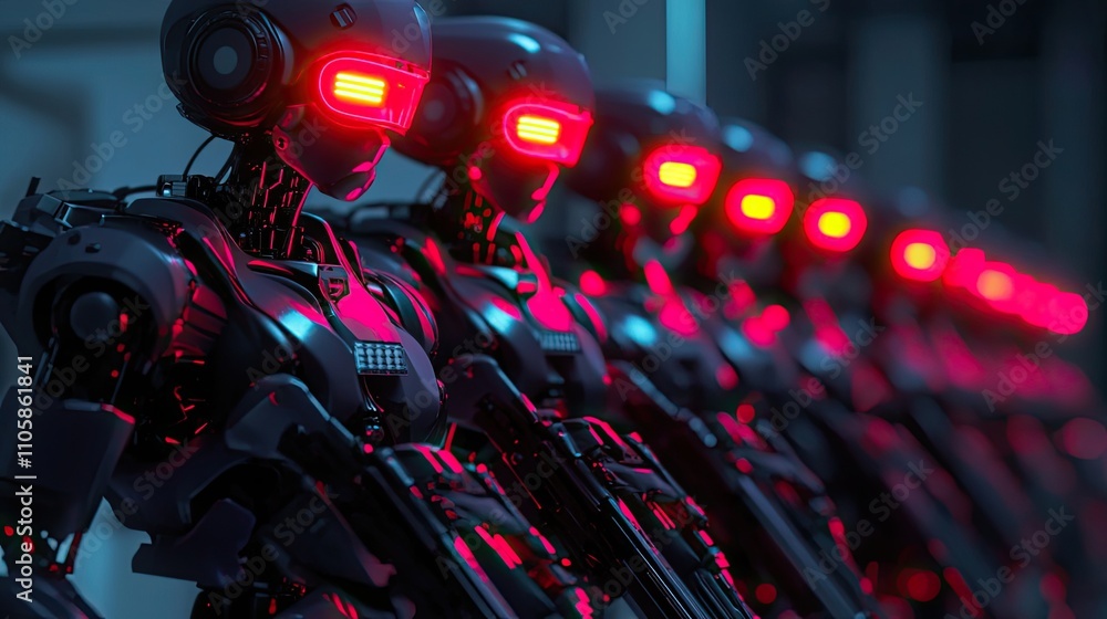 Poster a line of advanced robots stands ready in formation