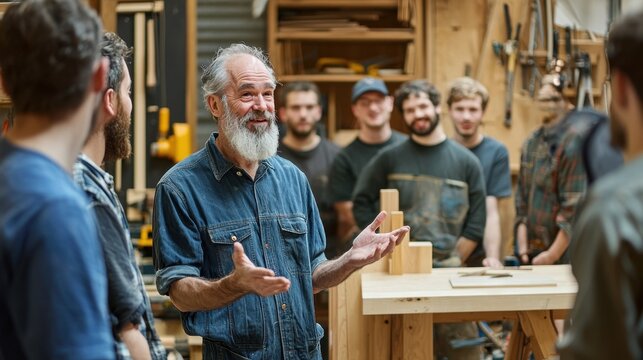 Experienced Woodworker Teaching Group of Apprentices in a Craft Workshop Setting