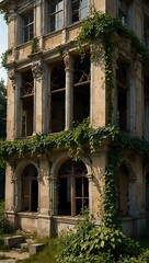 Fototapeta premium Crumbling mansion with ivy and broken windows, hyperrealistic.