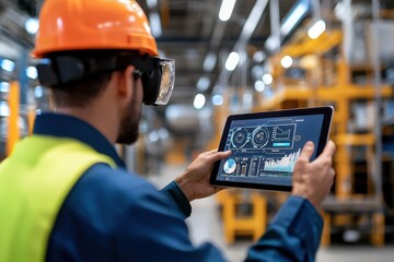 Industrial Worker Using Tablet for Data Analysis in Warehouse Environment