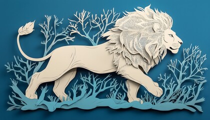 A paper cut illustration of a lion on a blue background