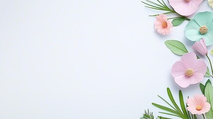 a photostock of a  Creative layout made of various flowers. Flat lay delicate colors bouquet .  , isolated on white background,  , copy space, copy space for text,