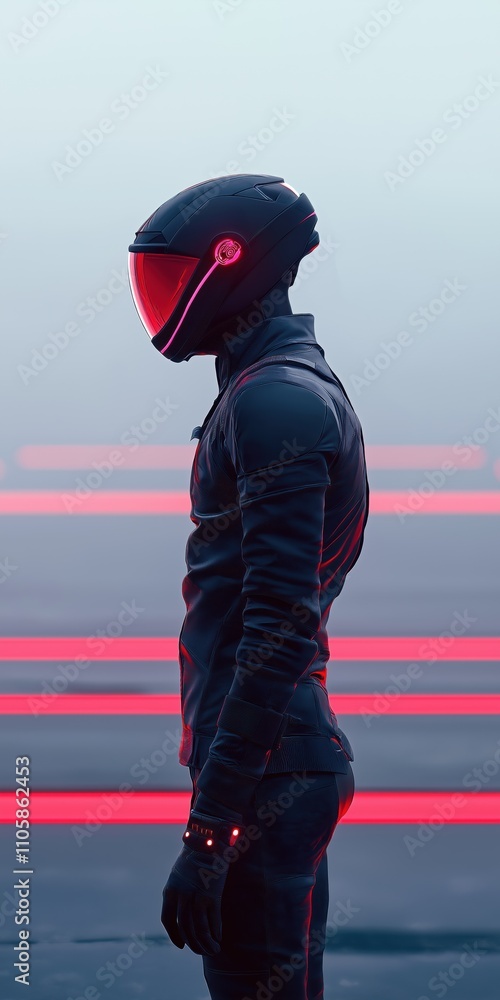 Aufkleber a man in a black suit with a red helmet stands in front of a red line. the image has a futuristic an