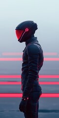 Obraz premium A man in a black suit with a red helmet stands in front of a red line. The image has a futuristic and sci-fi vibe, with the man's suit and helmet giving off a sense of advanced technology