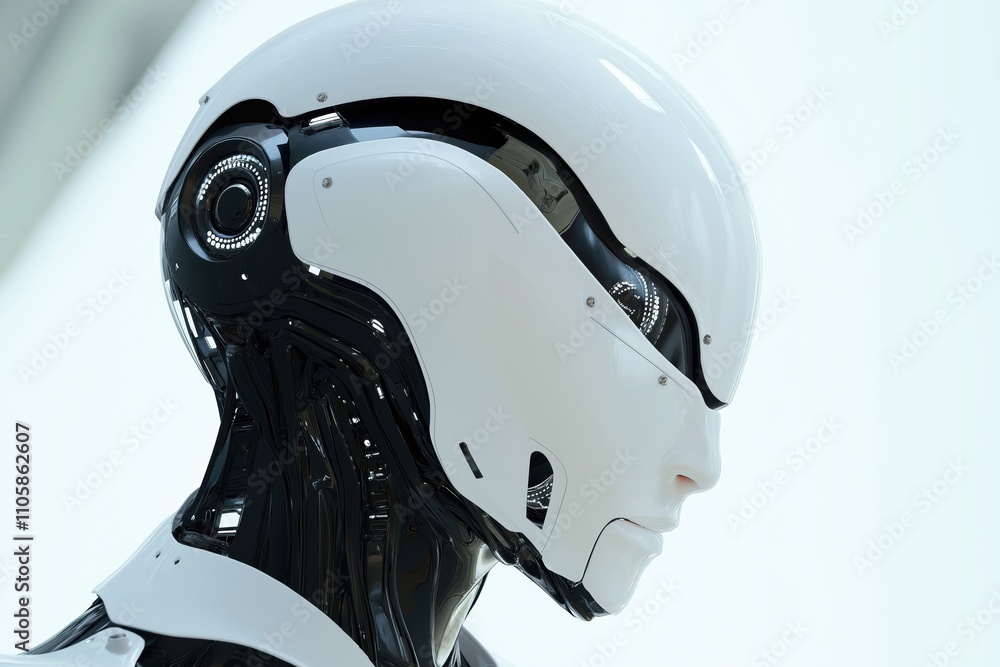 Poster a robot with a white helmet and black body. the robot is looking at the camera. the robot is made of