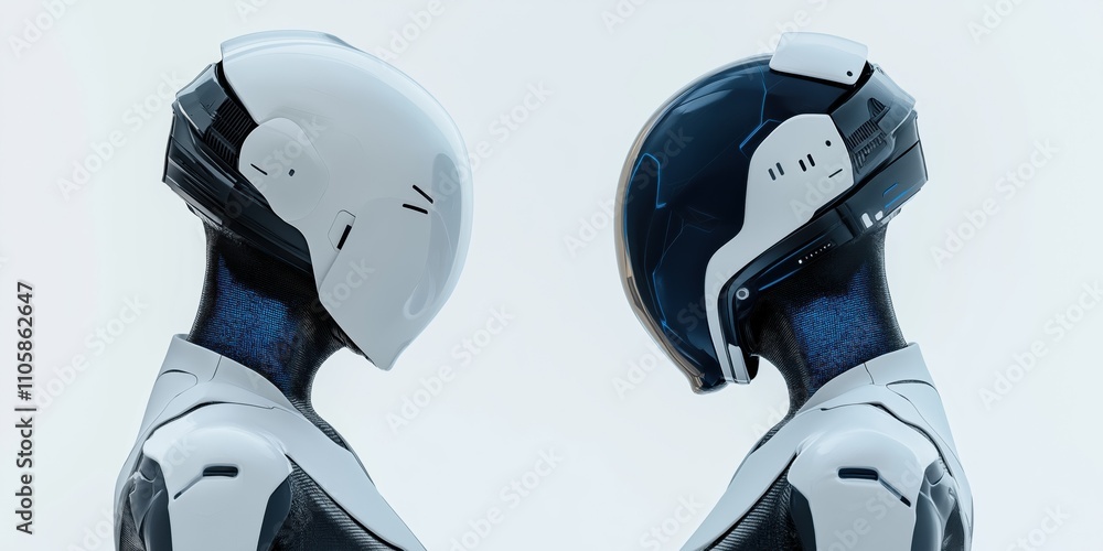 Poster two robots are standing next to each other, one of which is wearing a helmet. the robot without a he