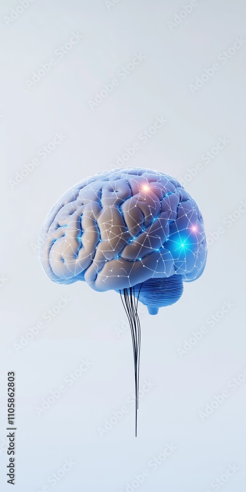 Poster a brain with a blue and red starburst pattern. the brain is surrounded by a white background