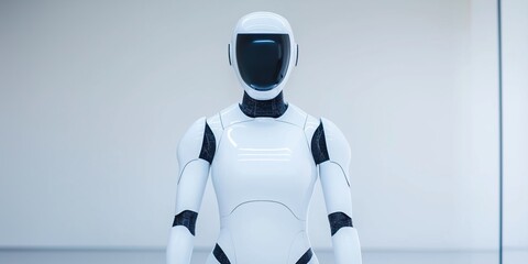 Fototapeta premium A robot is standing in front of a white wall. The robot is white and has a black face