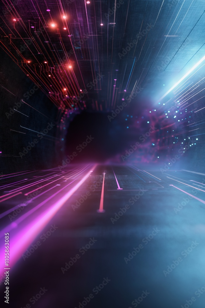 Poster a dark tunnel with a bright blue and red light. the tunnel is empty and the lights are on