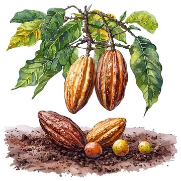 Watercolor Painting of Cacao Pods on a Branch with Cocoa Beans on the Ground.