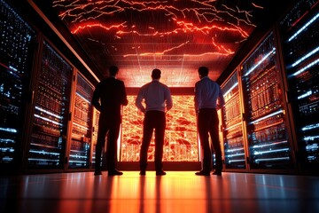 Professionals Observing Data Visualization in a Modern Server Room