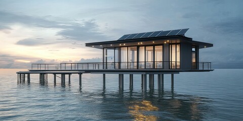 dark grey and ivory luxury coastal stilt house with small pier and modern solar panel technology and cozy elegant balcony 