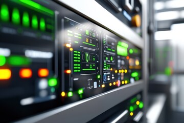 High-Tech Server Rack with Digital Display Panels and Controls