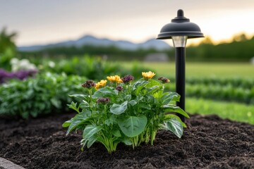 blooming garden, lively garden filled with diverse plants and flowers on rich soil, under the morning sun against a clear sky backdrop text space included