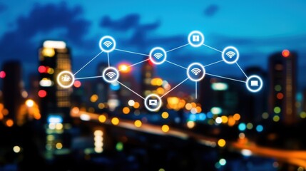 Urban Night Cityscape with Connected Technology Symbols Overlay