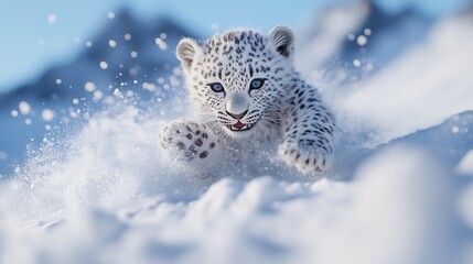 Obraz premium close-up Leopard Cub Playing in the Snow