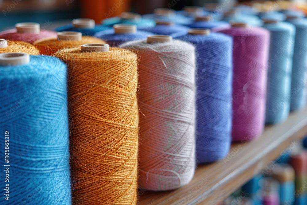 Poster colored spools of thread neatly arranged in a row on a shelf. threads represent a spectrum of shades