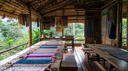 Fototapeta premium Traditional Weaving Scene Highlighting Cultural Legacy in a Scenic Workshop Environment