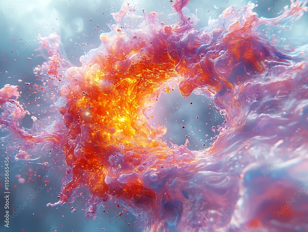 Poster mutating virus particle in swirling explosion of colors and shapes