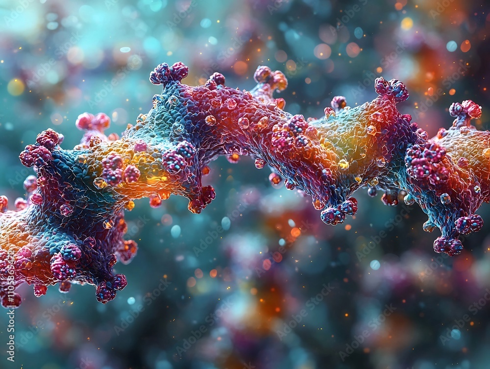 Poster mutating virus particle with swirling colors and shifting shapes representing viral evolution s unpr