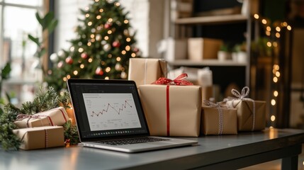 A modern business professional working confidently in a holiday-themed office