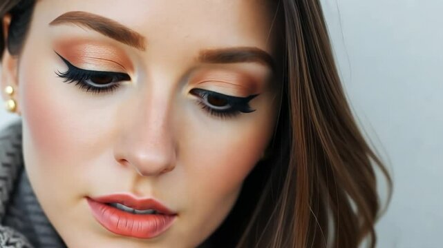 Closeup portrait of a young brunette woman with brown eyes blinking, and showing her eyeshadow makeup and eyelashes.