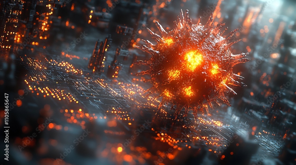 Poster glowing 3d rendered virus with spiked proteins floating in digital space surrounded by molecular str
