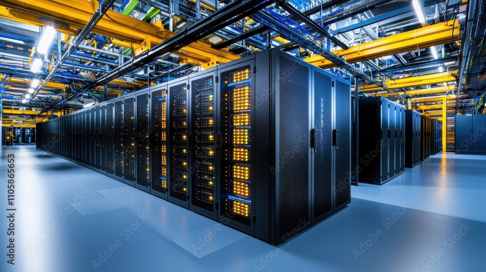 Poster modern data center with rows of black server racks and bright lights