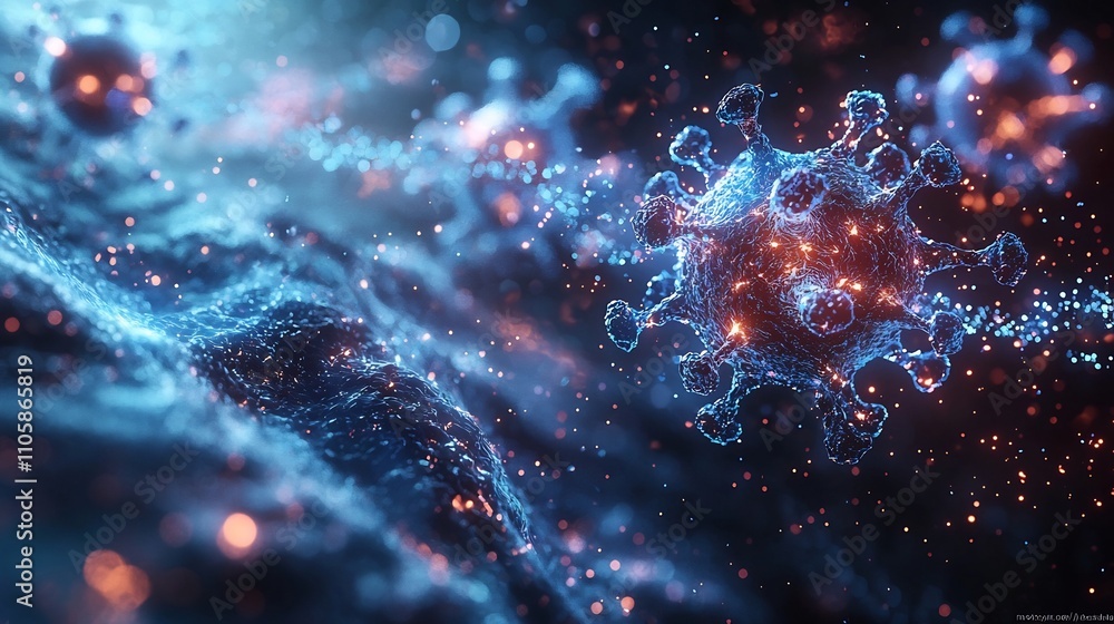 Poster a futuristic visualization of nanobots disintegrating a virus in a high tech sci fi style