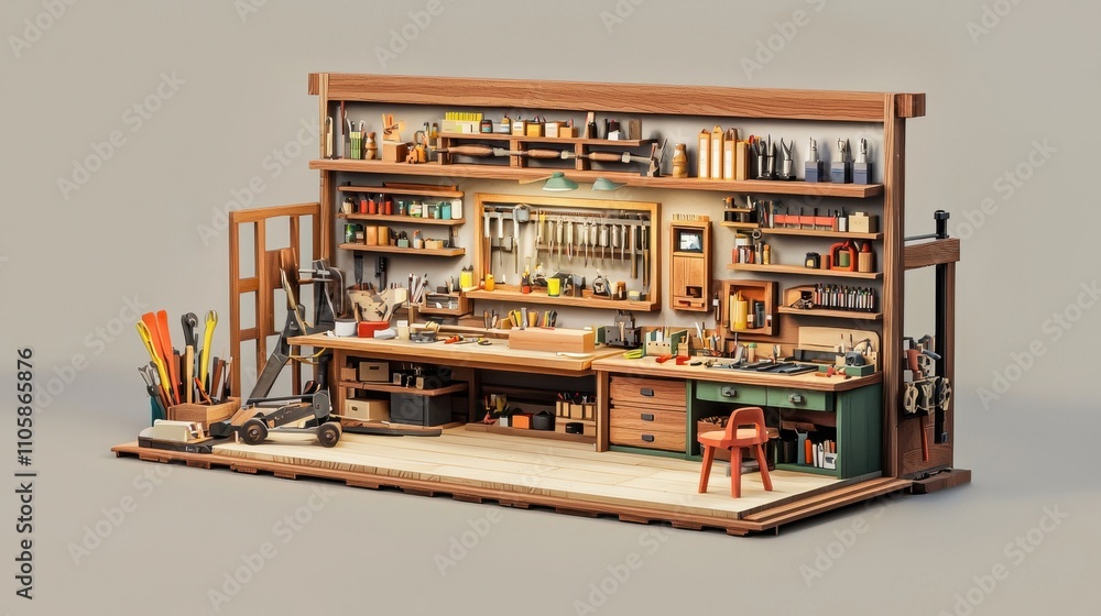 Poster vibrant workshop displaying various tools and materials in a creative atmosphere