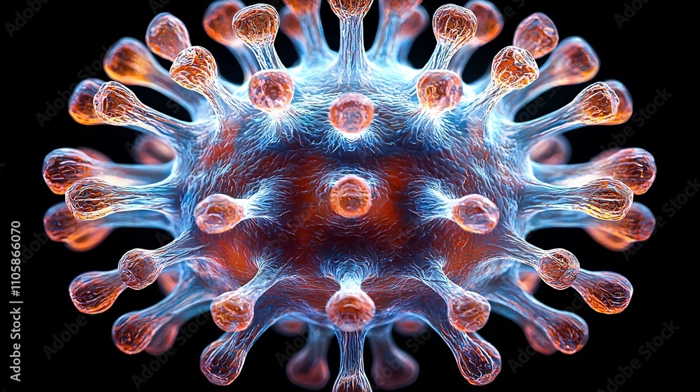 Poster vibrant and detailed virus particle with intricate molecular structure against dark background