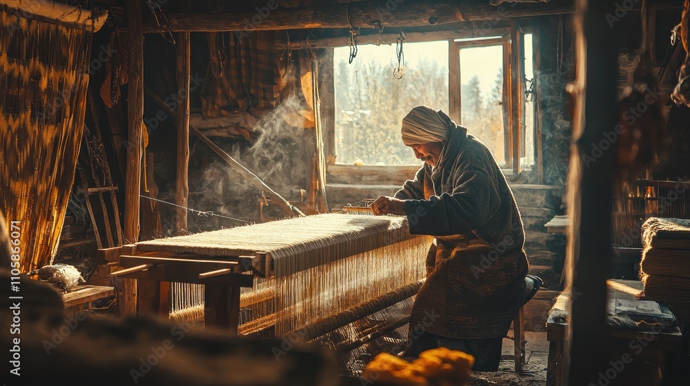 Poster weaver working on loom in rustic setting with natural light and warm atmosphere