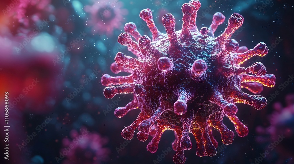 Poster vibrant and detailed microscopic virus particle with intricate molecular structure against dark back